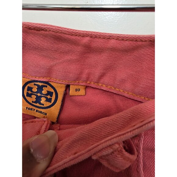 TORY BURCH Women's Coral Pink Straight Leg Jeans Gold Logo Hardware Size 30 - Picture 9 of 10